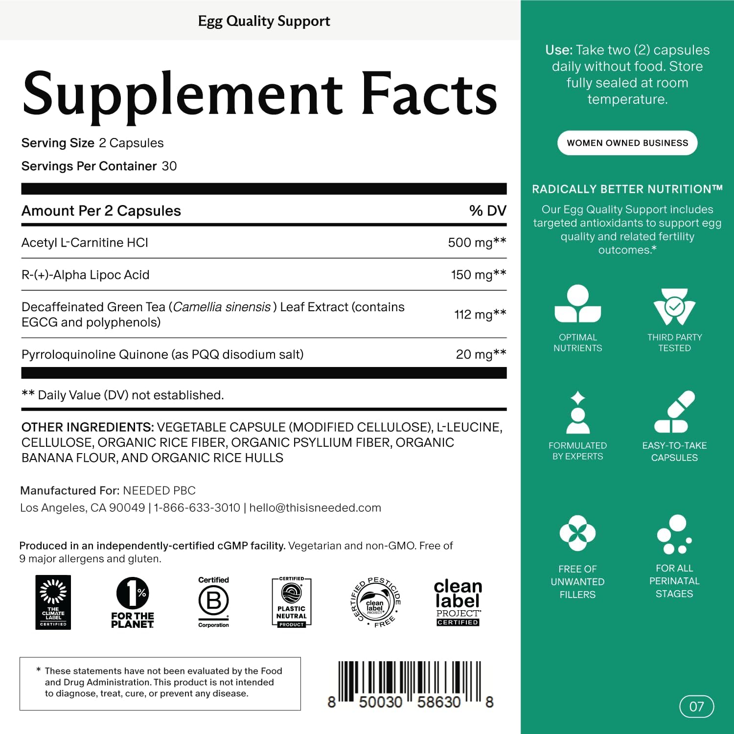 Needed. Egg Quality Support - Optimally Formulated Antioxidants Supplement to Support Egg Quality - Fertility Support - Fertility Supplement for Women - 60 Capsules - 30 Day Supply