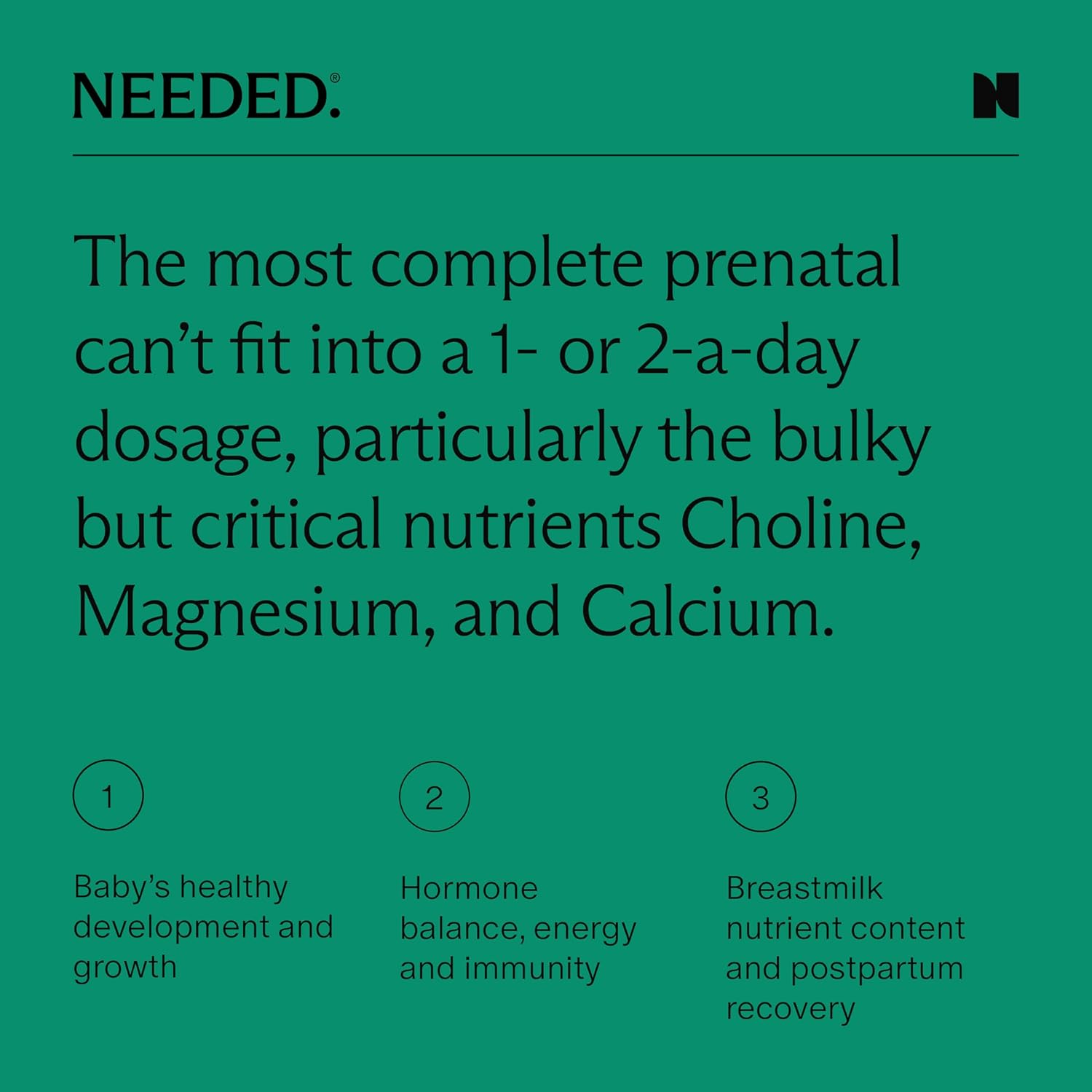 Needed. Multivitamin with Choline Capsules for Prenatal, Pregnancy, Breastfeeding, Postpartum | Expertly-Formulated & Third-Party Tested| 30-Day Supply