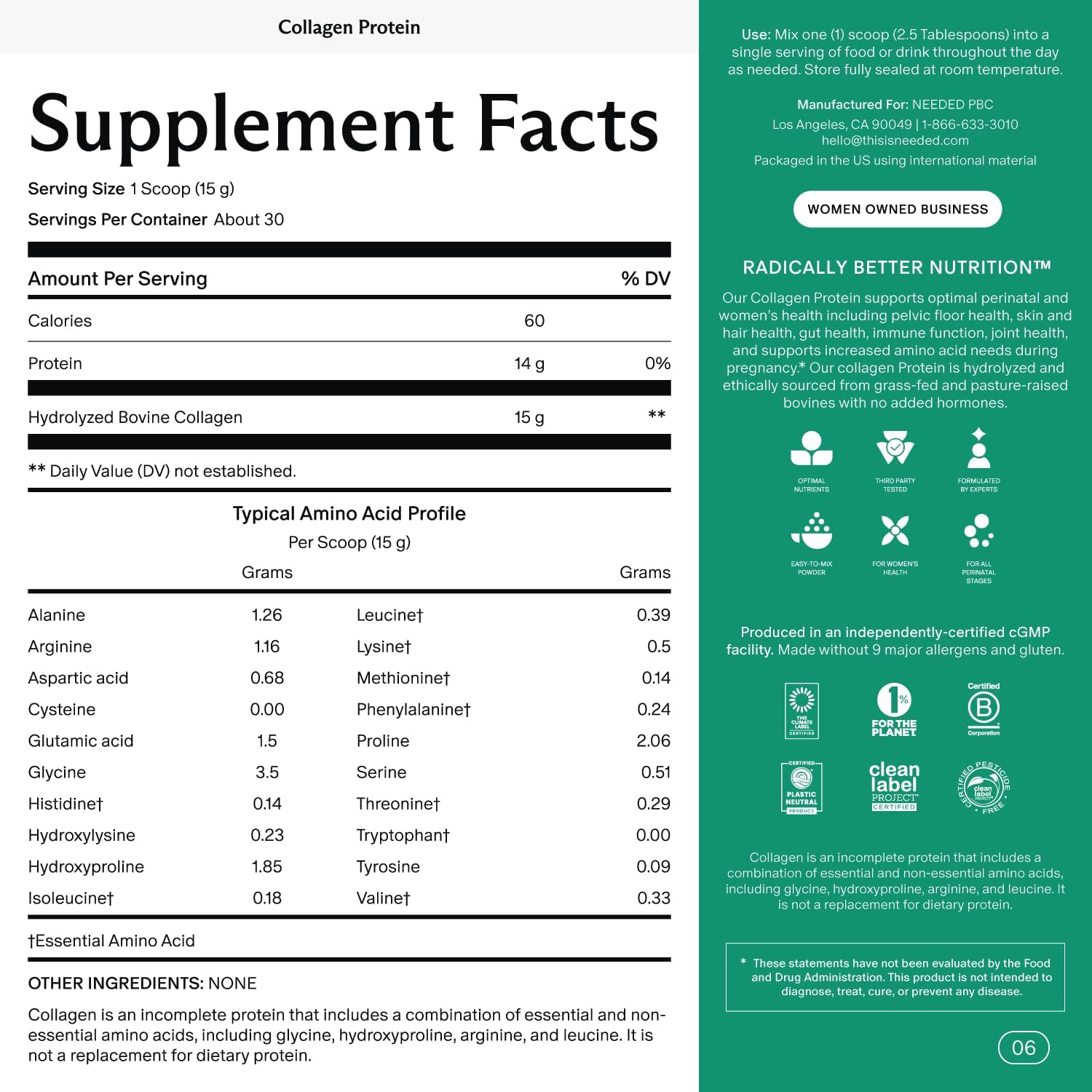 Needed. Prenatal Hydrolyzed Collagen Protein Powder – Expert-Backed & Clean Sourced | Supports Skin, Hair, Joints, and Tissue Recovery in Pregnancy | Grass-fed, Pasture-Raised, Hormone-Free | 1lb