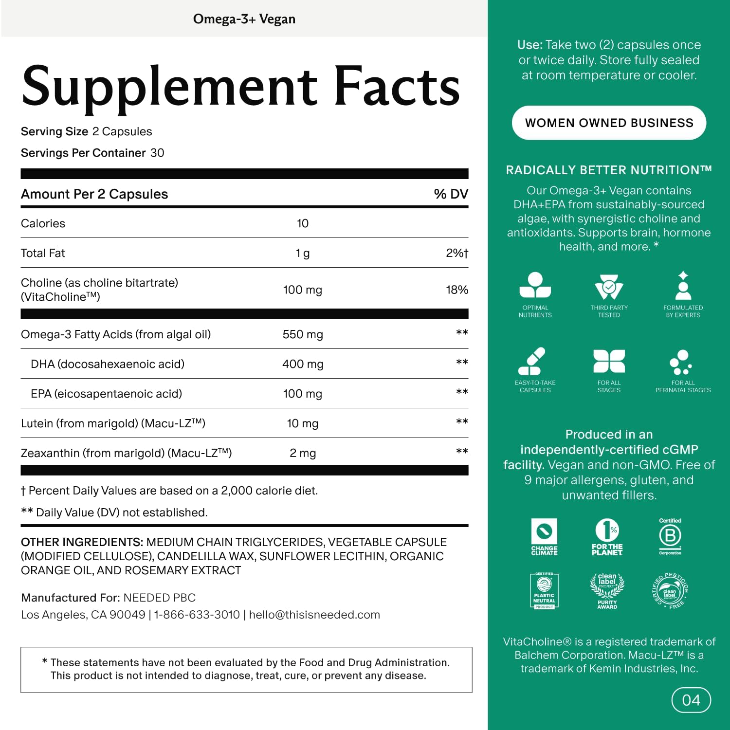 Needed. Vegan Omega-3 DHA & EPA Supplement - 500mg Omega-3 + 100mg Choline, Plant-Based Capsules, Sustainably Sourced Algae Oil, 2 Capsules Daily, 30-Day Supply