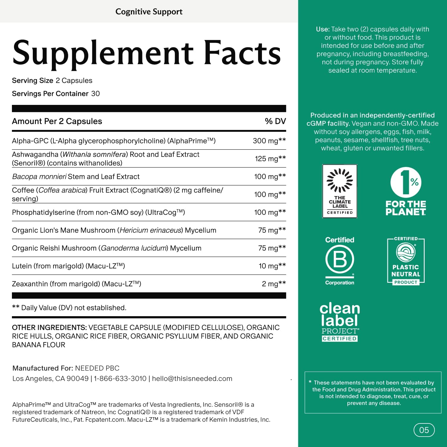 Needed. Cognitive Support - Comprehensive Supplement with Ashwagandha, Reishi & Lion's Mane Mushrooms, Breastfeeding Safe - Supports Focus, Attention, & Memory, 30-Day Supply