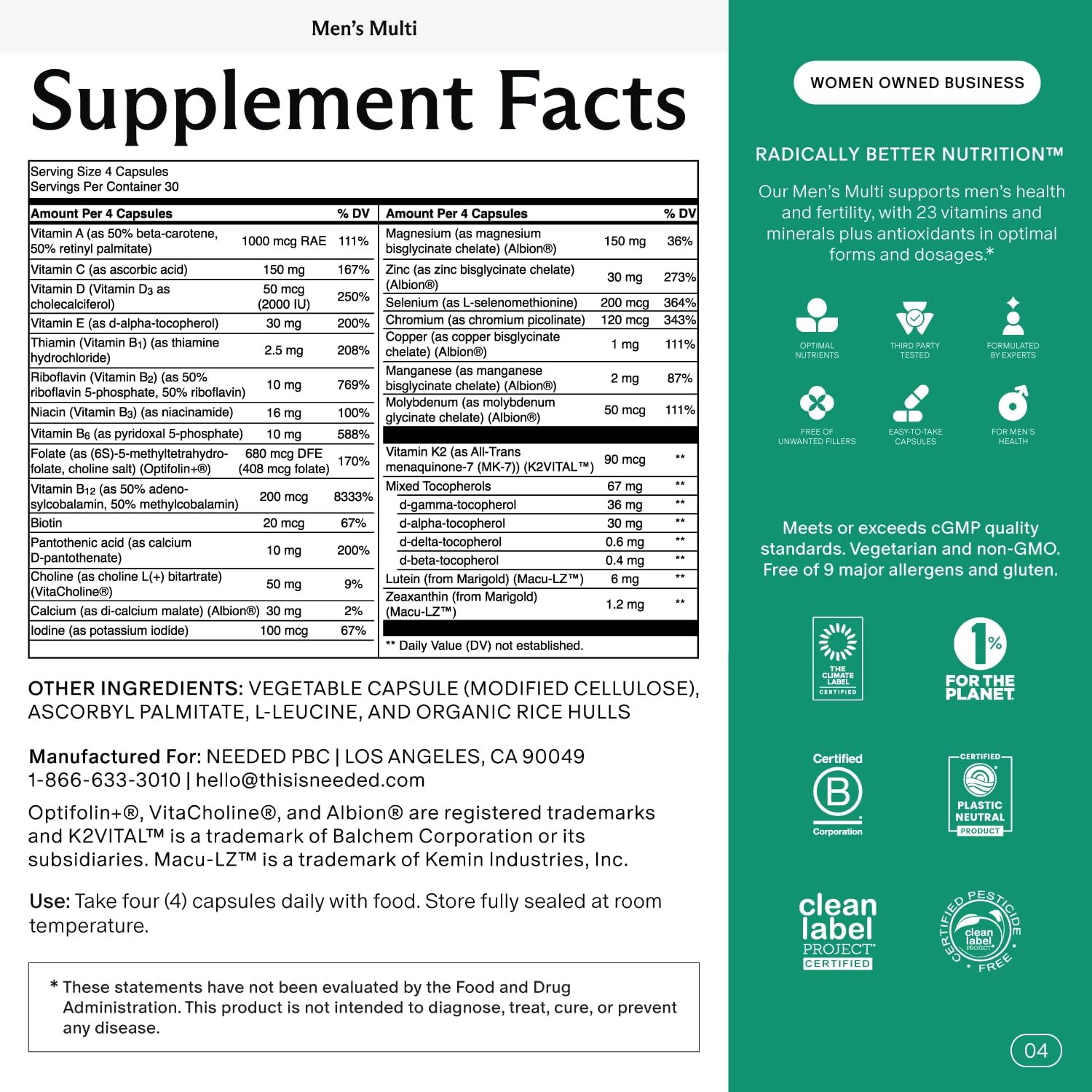 Needed. Multivitamin for Men - 25 Optimal Nutrients for Fertility & Men's Health - Mens Multivitamin with Vitamin D3 2000IU, B12 Vitamins, 200 MCG Selenium - Men's Fertility Supplement, 30 Day Supply