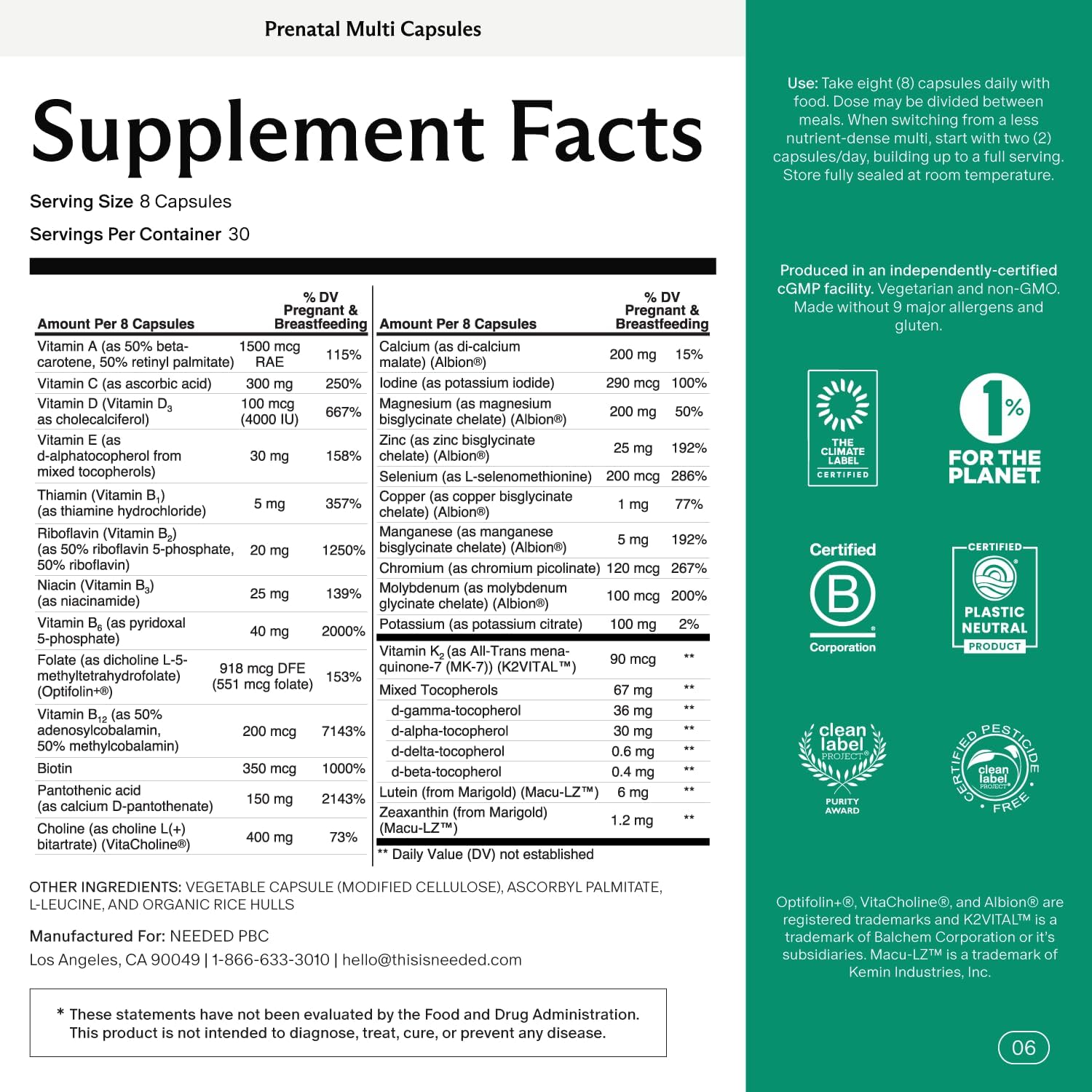 Needed. Multivitamin with Choline Capsules for Prenatal, Pregnancy, Breastfeeding, Postpartum | Expertly-Formulated & Third-Party Tested| 30-Day Supply